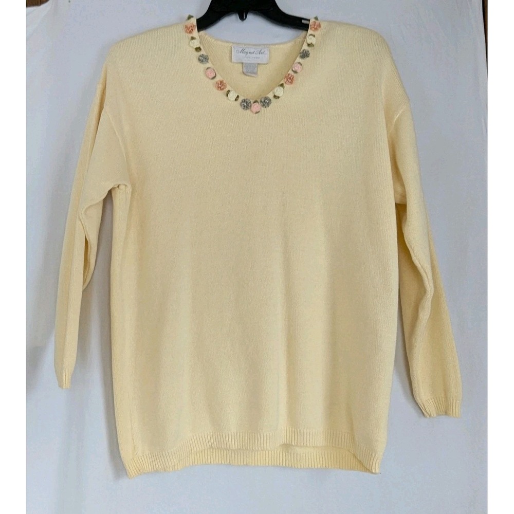 VTG Magnet Art Lynn Yang Sweater Womens L  Cotton Yellow Embellished USA